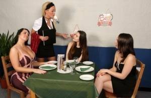 Girls lunch break turns into CFNM mealtime encounter in hot reverse gangbang on chickinfo.com