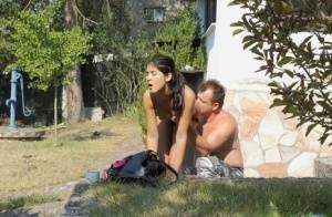 Nice teen Lady Dee gets a mouthful of cum during outdoor sex with an old guy on chickinfo.com