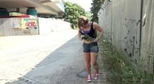 White girl pulls down her panties before squatting for a piss on country road on chickinfo.com