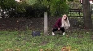 Dirty blonde female can't hold her pee any longer and pisses in public park on chickinfo.com