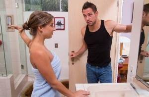 Skinny wife Presley Hart seduces her husband's friend in a bathroom on chickinfo.com