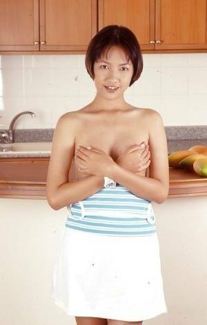 Clothed Asian with tiny tits is posing in the kitchen with spread legs on chickinfo.com