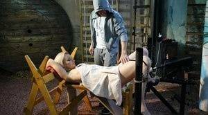 Restrained blonde Roxy Lee is penetrated by a machine dildo on chickinfo.com