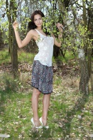 Long legged Michaela Isizzu flashes naked upskirt and poses nude in the forest on chickinfo.com