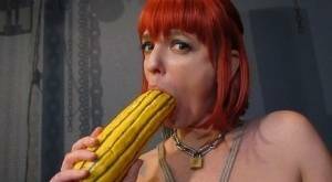 Kinky pierced BDSM slut Abigail Dupree pisses in carafe & toys ass with gourd on chickinfo.com
