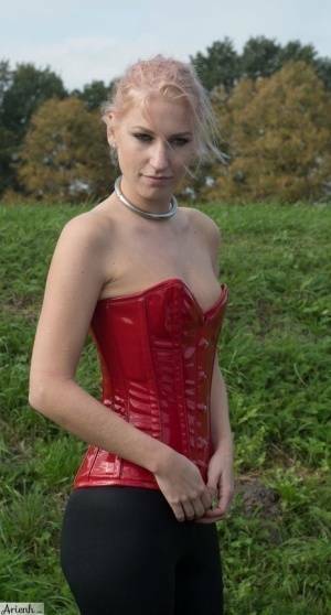 Collared girl Arienh Autumn models a red leather corset while in a field on chickinfo.com
