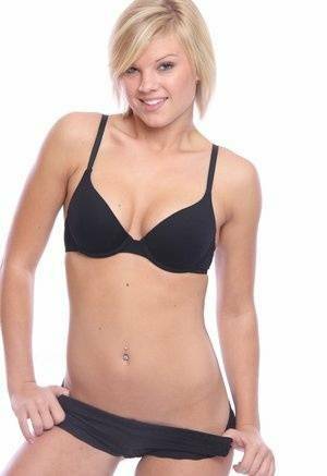 Blonde amateur Tiffany models in her black bra and panty set on chickinfo.com
