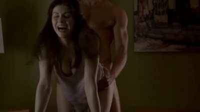 Alexandra Daddario's big tits jiggling as shes fucked on all fours on chickinfo.com