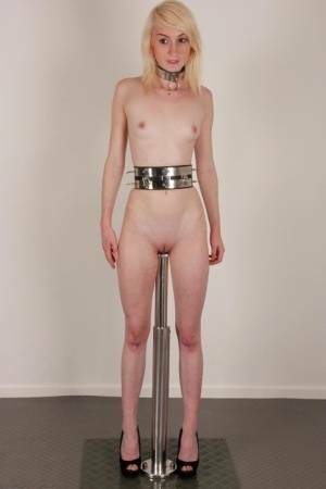 Skinny blonde teen Noa sports a collar while impaled on a dildo post on chickinfo.com