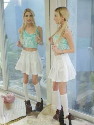 Sweet blonde girl Piper Perri removes her white pretties and skirt on chickinfo.com